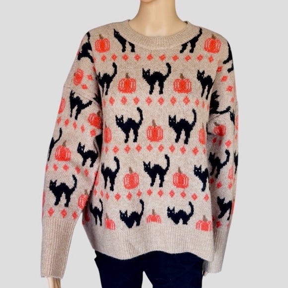 VINCE CAMUTO Women’s Halloween Sweater Tan w/Black Cats & Pumpkins Drop Sleeve - Picture 2 of 7